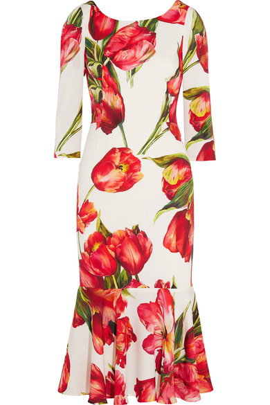 Dolce & Gabbana Fluted Floral-print Stretch-silk Midi Dress | ModeSens