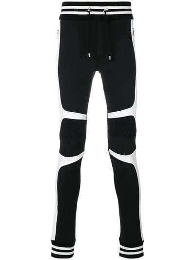 Balmain Stripe-trimmed Cotton Moto Sweatpants In White Black