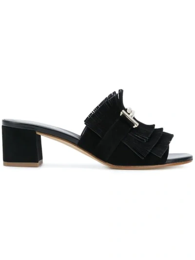 Tod's Embellished Fringed Suede Mules In Black