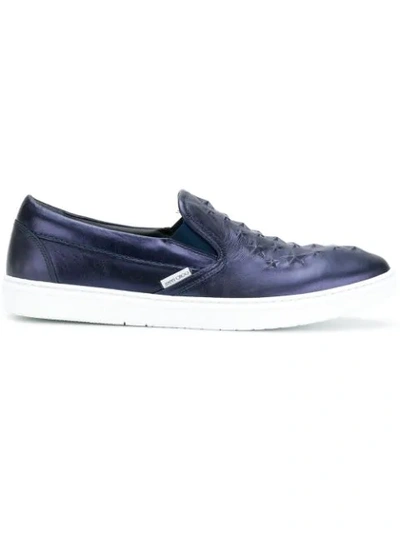 Jimmy Choo Grove Navy Metallic Nappa Leather Slip On Trainers With Embossed Stars In Blue
