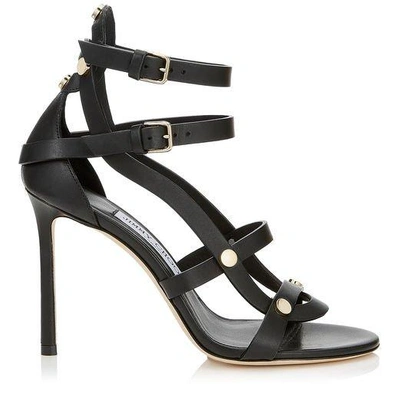 Jimmy Choo Motoko 100 Black Vachetta Leather Sandals With Gold Studs In Black/gold