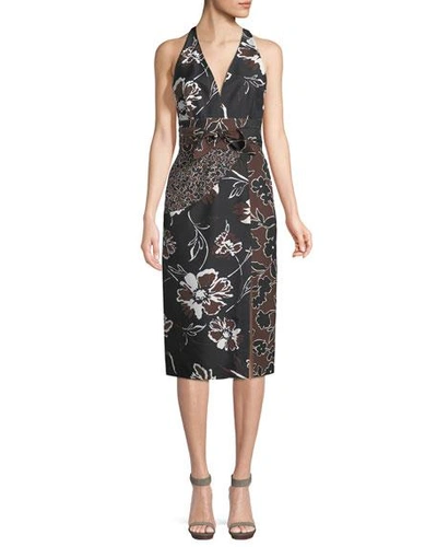 Michael Kors Floral-print Dupioni Halter Dress In Brown Pattern