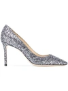 Jimmy Choo Romy 85 Glittered Leather Pumps In Silver