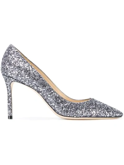 Jimmy Choo Romy 85 Glittered Leather Pumps In Silver
