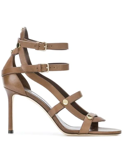 Jimmy Choo Motoko 100 Cacao Vachetta Leather Sandals With Gold Studs In Cacao/gold