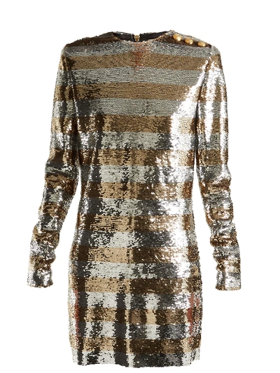 Balmain Long-sleeve Sequin Striped Mini Dress In Argent/dor C6113 |  ModeSens