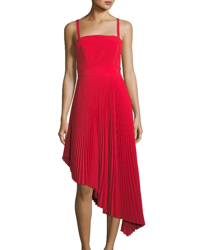Milly Eliza Italian Cady Pleated Asymmetric Dress In Bright Red