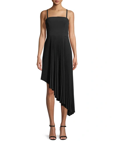 Milly Eliza Italian Cady Pleated Asymmetric Dress In Black