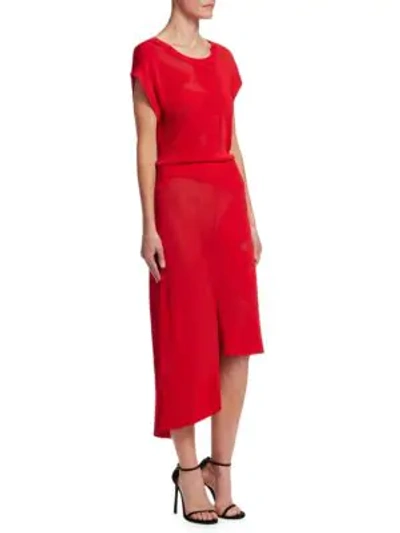 Altuzarra Short-sleeve Floral Mesh Dress With Asymmetric Hem In Red