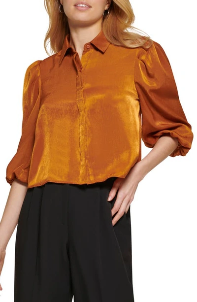 Dkny Puff Sleeve Crop Satin Blouse In Roasted Pecan