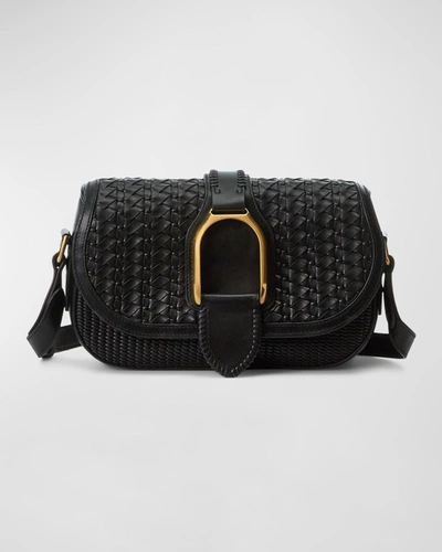 Ralph Lauren Welington Buckle Woven Leather Shoulder Bag In Black