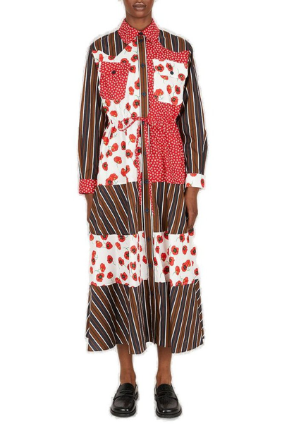 Kenzo Patchwork-detailed Flared Shirt Dress In Moroccan Brown