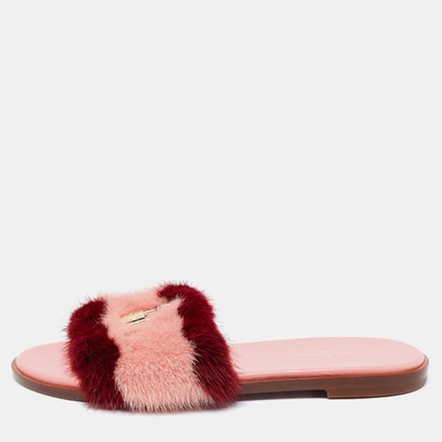 Pre-owned Louis Vuitton Pink/red Mink Fur Lock It Flat Slide Sandals Size  37.5