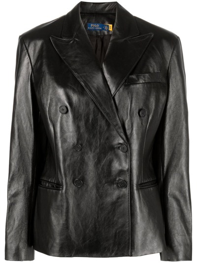 Polo Ralph Lauren Double-breasted Lambskin Leather Blazer In Black