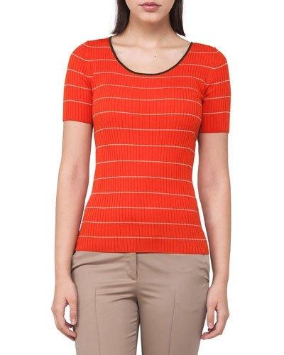 Akris Punto Round-neck Short-sleeve Striped Knit Top In Orange Pattern