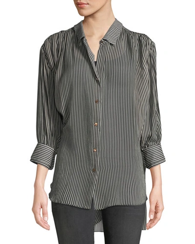 Halston Heritage Striped High/low Button-down Shirt In Black/champagne Stripe