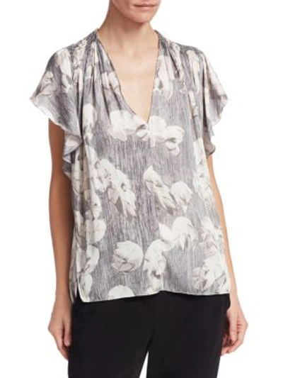 Halston Heritage Flounce-sleeve Printed Ruched Blouse In Grey Starflower Print