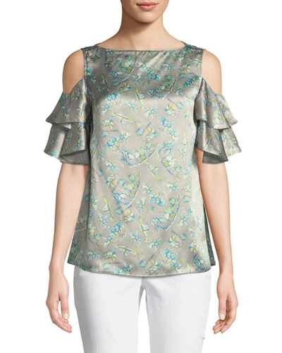 Lafayette 148 Layla Lily-print Cold-shoulder Silk Top In Antique Silver