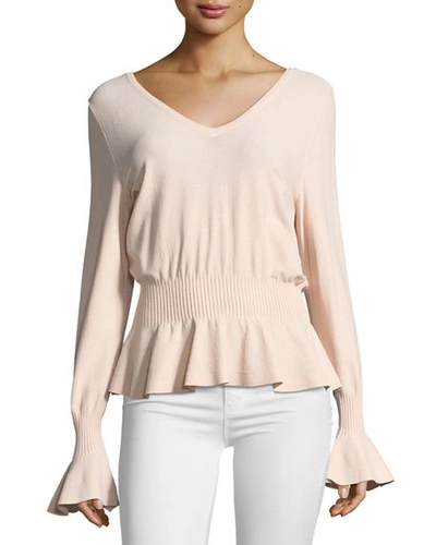 Milly Pintuck V-neck Knit Top In Ballet
