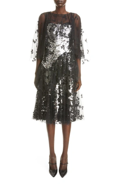Erdem Raya Sequin Midi Dress With Removable Overlay In Silver Black