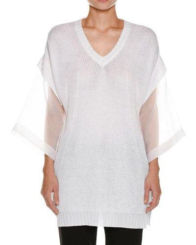 Piazza Sempione Organza-sleeve Linen-blend Knit Tunic In White