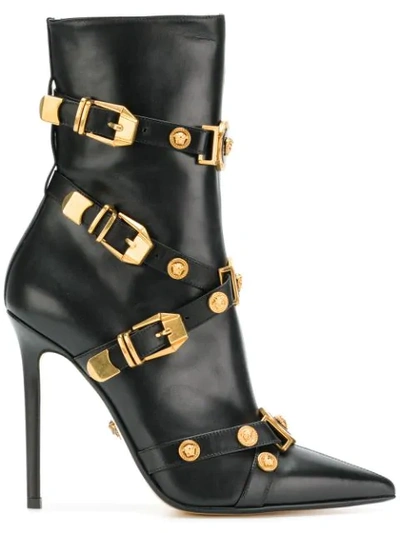 Versace Tribute Medallion Buckle Bootie In Black/gold