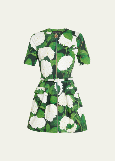 Oscar De La Renta Belted Hydrangea Print Zip Front Stretch Cotton Twill Minidress In Dark Green Ivory
