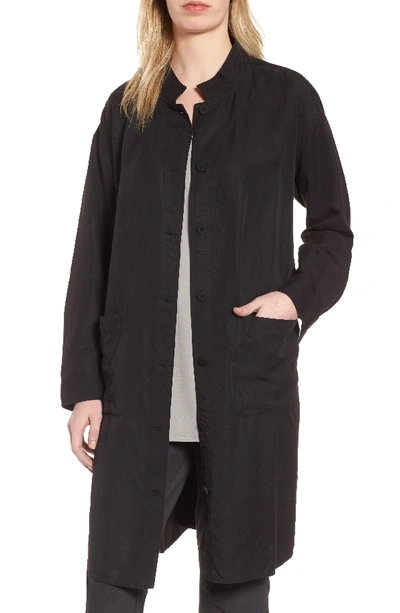 Eileen Fisher Knee-length Stand-collar Jacket, Plus Size In Black