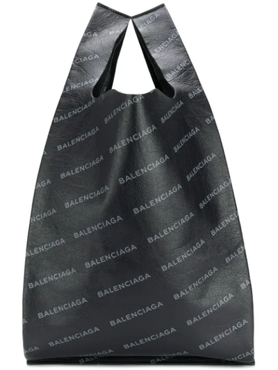 Balenciaga Men's Allover Logo-print Leather Grocery Tote Bag In Black