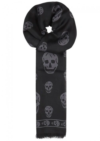 Alexander Mcqueen Black Skull-print Silk Blend Scarf In Black And Grey