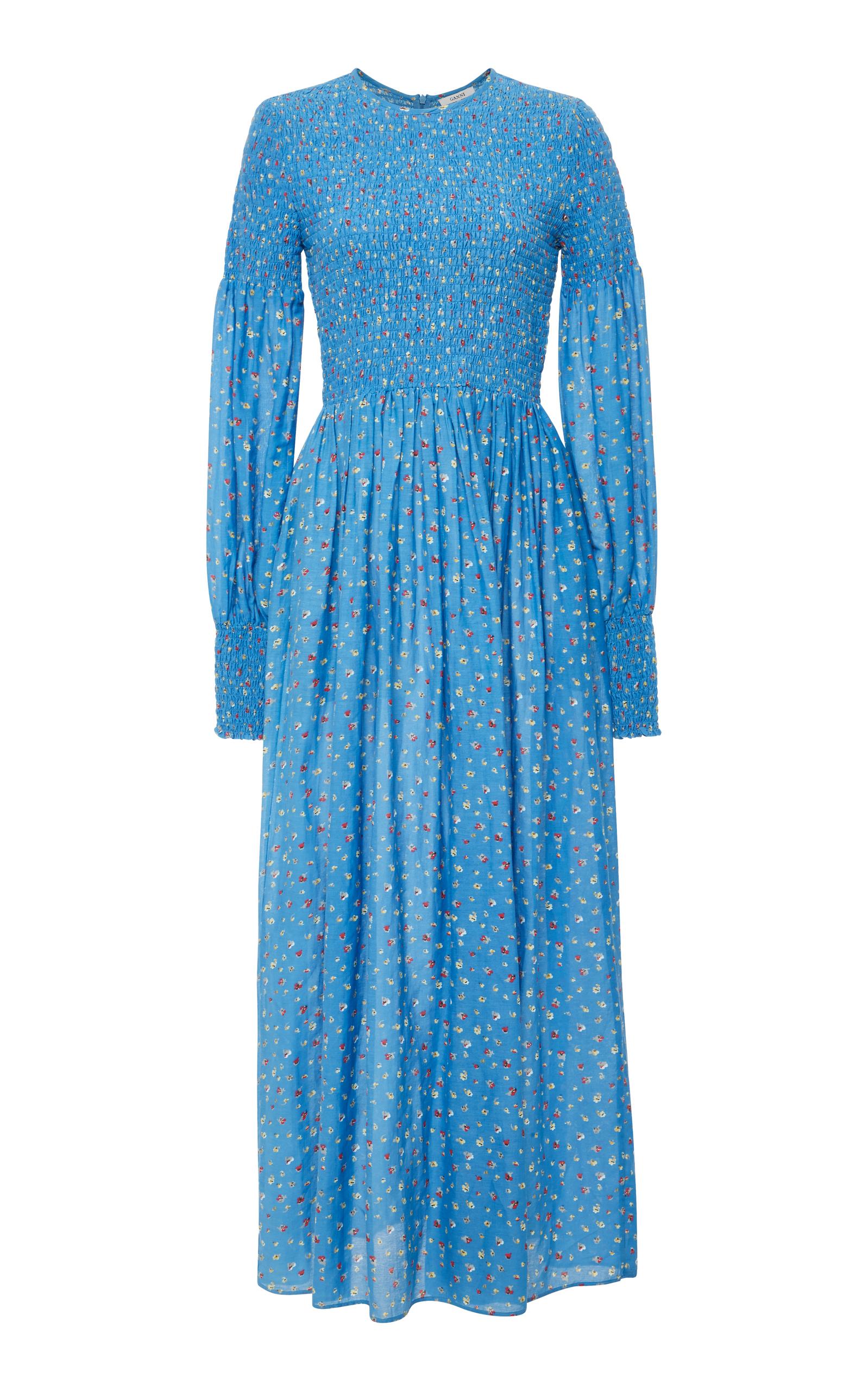 Ganni Beacon Smocked Cotton And Silk-blend Maxi Dress In Blue | ModeSens