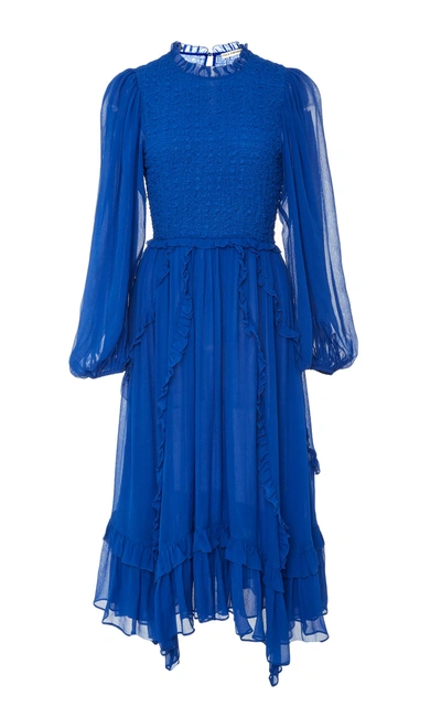 Ulla Johnson Arielle Smocked Silk Cloque Dress In Blue