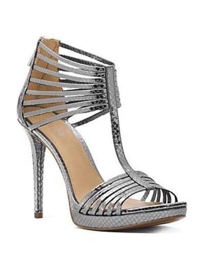 Michael Michael Kors Women's Snake-embossed Leather T-strap High-heel Sandals In Pewter