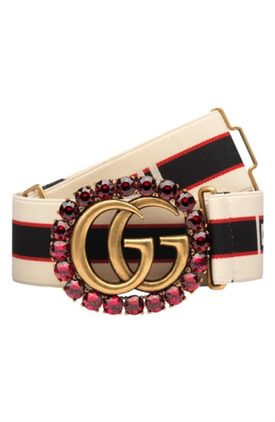 Gucci Gg Crystal Logo Slider Web Stripe Belt In Ruby