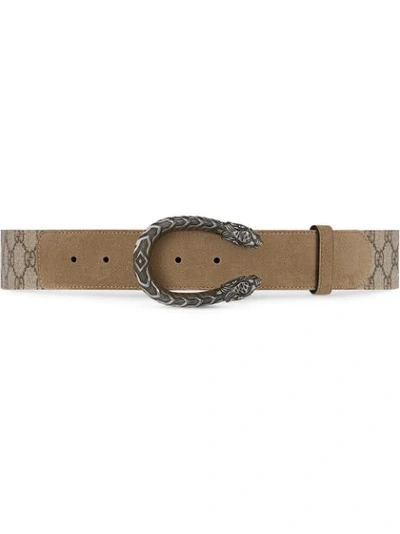 Gucci Dionysus Gg Supreme Canvas Belt W/ Double Tiger Head Buckle In Ebony/ Taupe