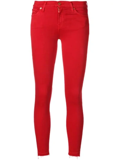 7 For All Mankind Ankle Skinny Jeans W/ Frayed Hem In Red