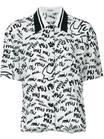 Miu Miu White Silk Polo Shirt With Black Monogram In White-black