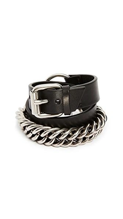 Alexander Wang Double Wrap Leather And Chain Bracelet In Black/silver