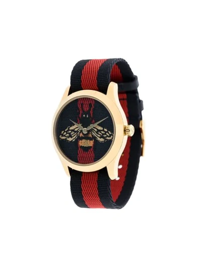 Gucci Bee-embroidered Nylon Web Watch, Blue/red In Navy/red