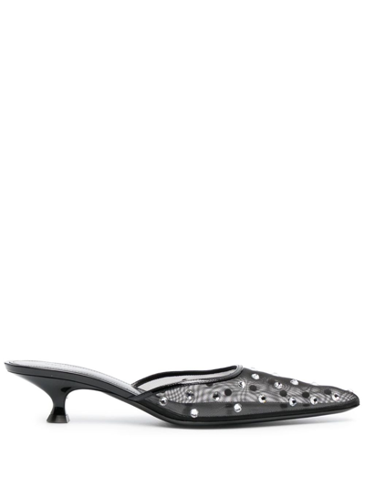 Khaite Minna Patent Leather-trimmed Crystal-embellished Tulle Mules In Black