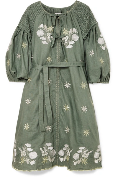 Innika Choo Smocked Embroidered Linen Dress In Gray Green