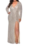 La Femme Long Sleeve Sequin Dress In Silver