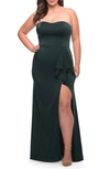 La Femme Ruffle Strapless Dress In Dark Emerald