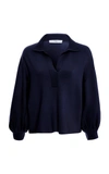 Tibi Bell Sleeve Polo Neck Pullover Sweater In Navy