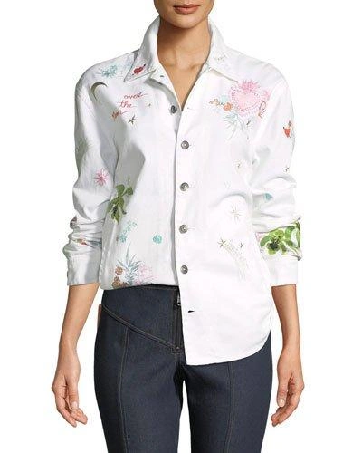 Cinq À Sept Whimsical Canyon Button-front Embroidered Denim Jacket In White