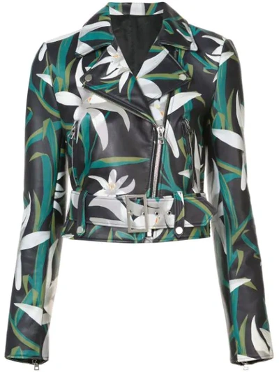 Diane Von Furstenberg Lily Print Zip-front Cropped Leather Moto Jacket In Green