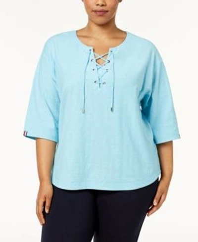 Tommy Hilfiger Plus Size Cotton Lace-up Top, Created For Macy's In Enamel Blue