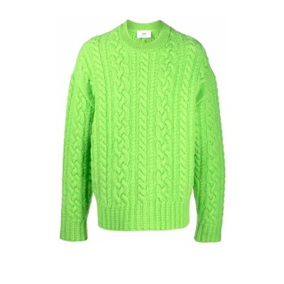 Ami Alexandre Mattiussi Cable-knit Crew-neck Jumper In Green Wool