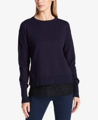Dkny Perforated Lace-hem Sweater In Heritage Navy