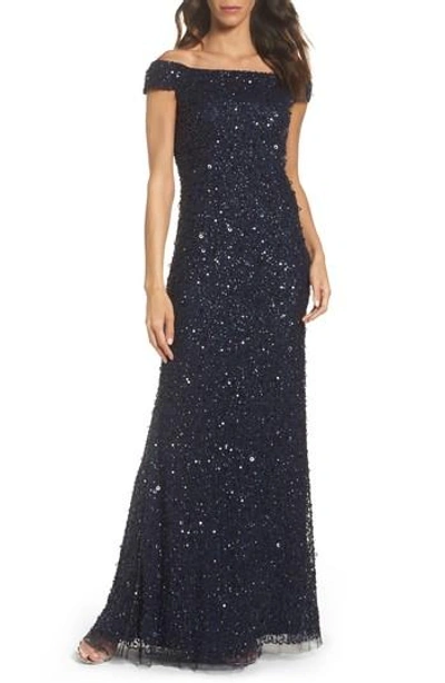 Adrianna Papell Sequin Mesh Gown In Navy